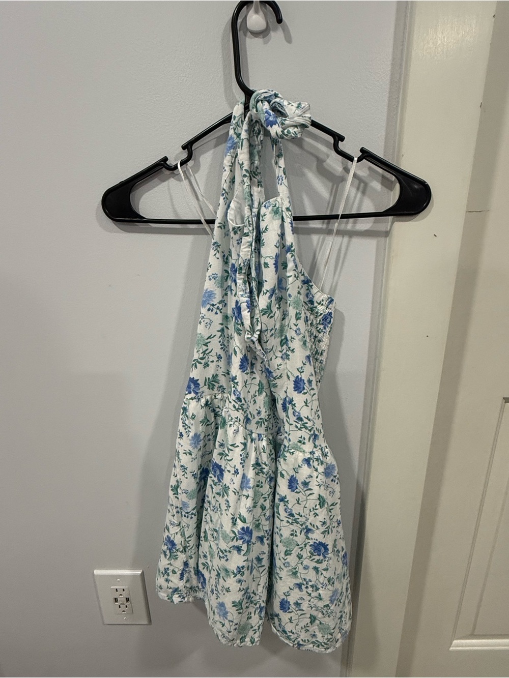 Hollister White Halter Mini Dress with Blue and Green Floral Print